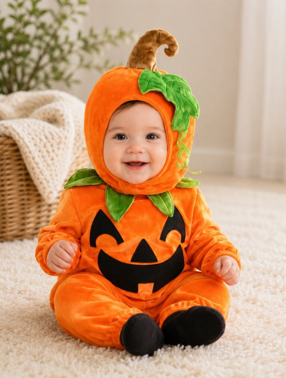 Infant Pumpkin Halloween Costume 0-6 Months Velour Jumpsuit & Hood 2PC